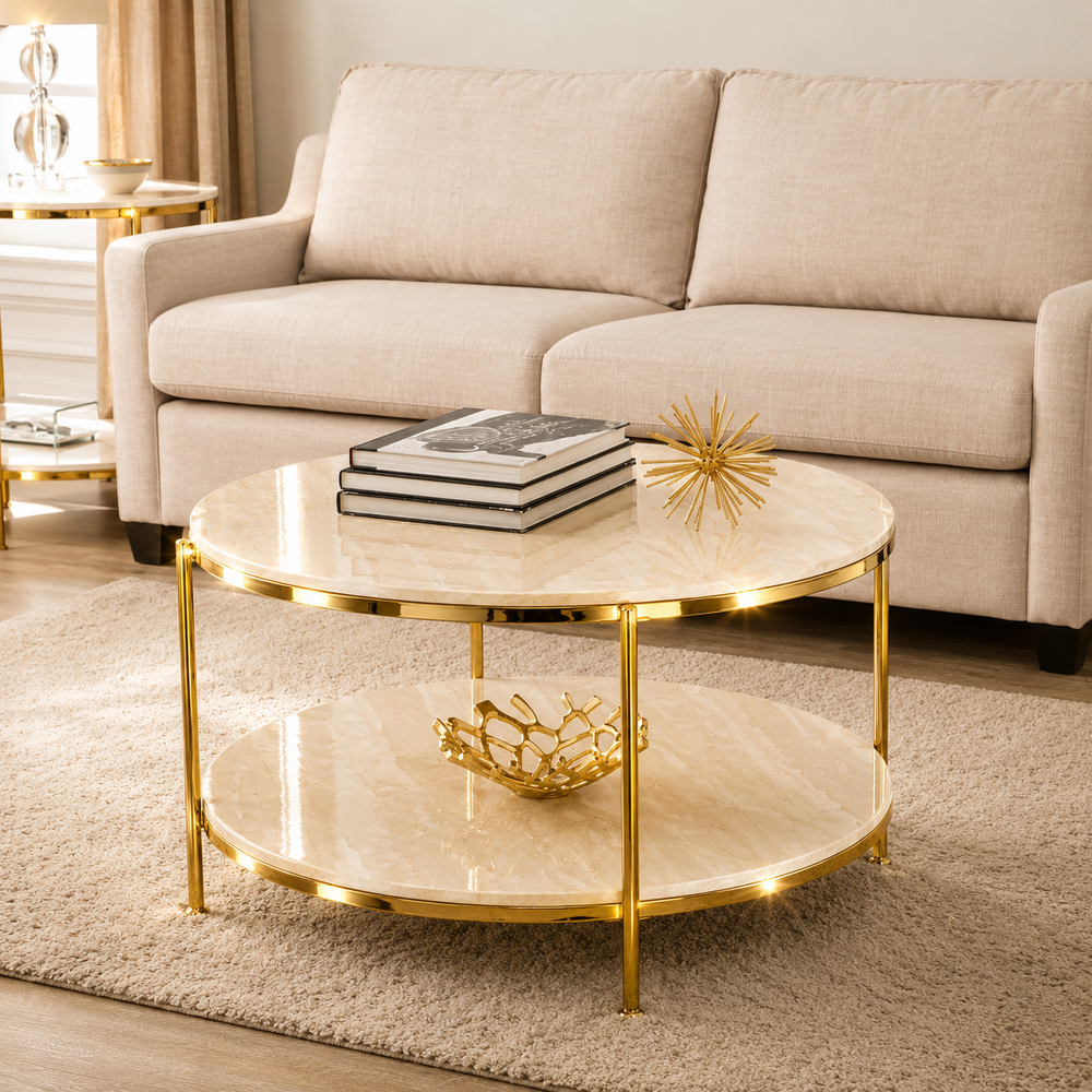 Premium Stainless Steel PVD Center Table with Double-Layer Marble Tops and Golden Frame