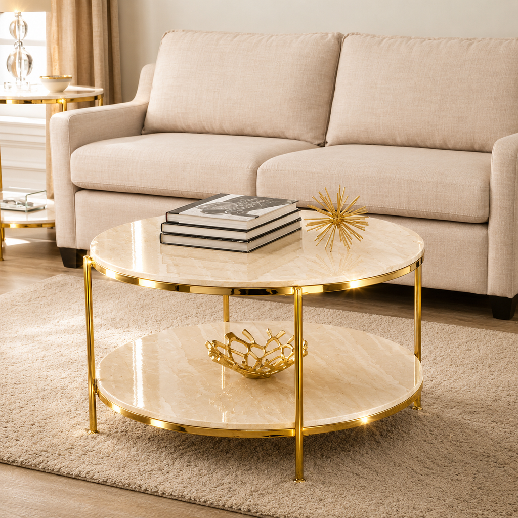 Premium Stainless Steel PVD Center Table with Double-Layer Marble Tops and Golden Frame