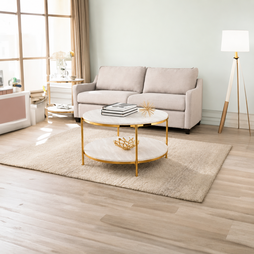 Premium Stainless Steel PVD Center Table with Double-Layer Marble Tops and Golden Frame