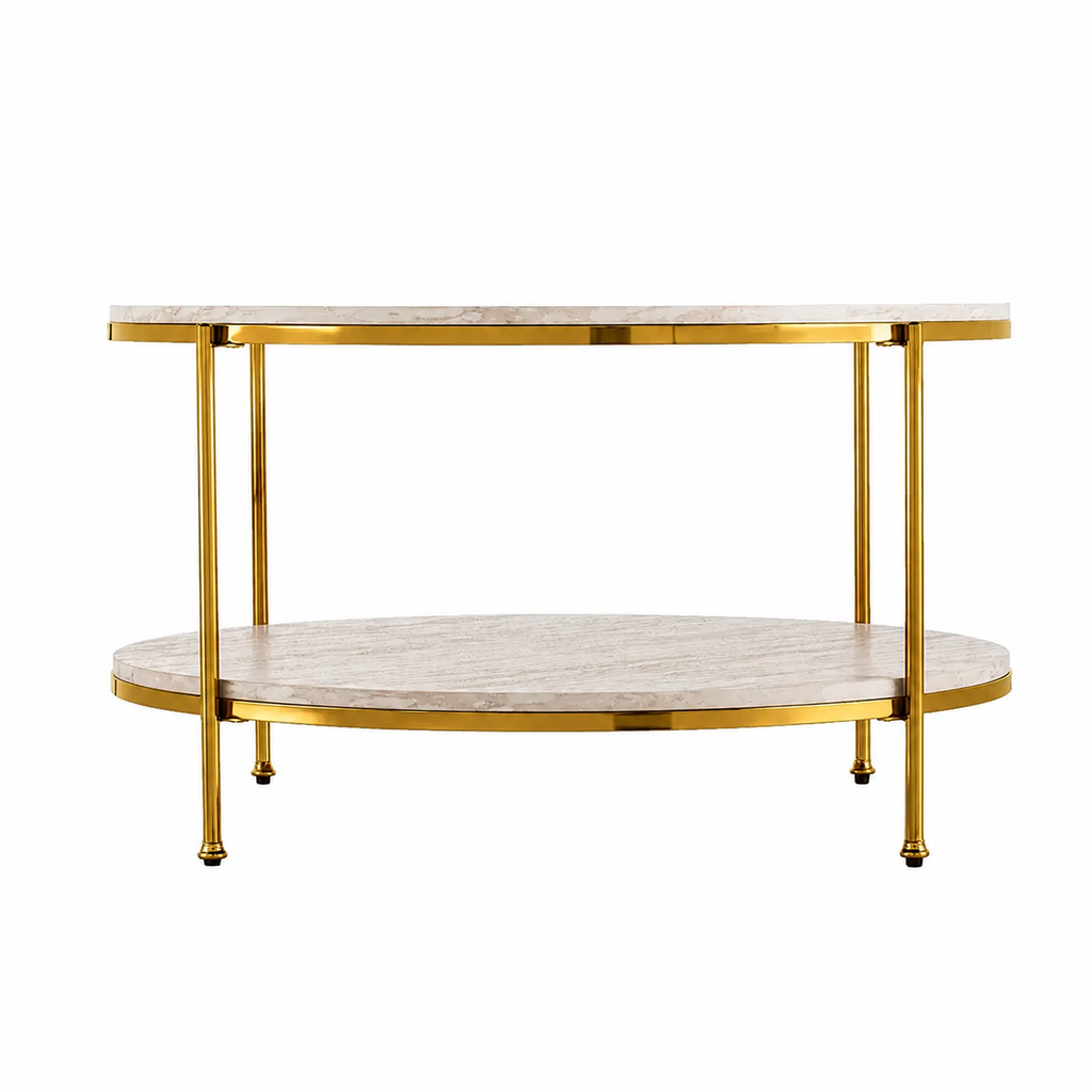 Premium Stainless Steel PVD Center Table with Double-Layer Marble Tops and Golden Frame