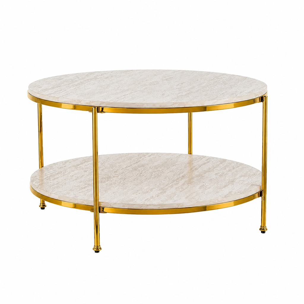 Premium Stainless Steel PVD Center Table with Double-Layer Marble Tops and Golden Frame