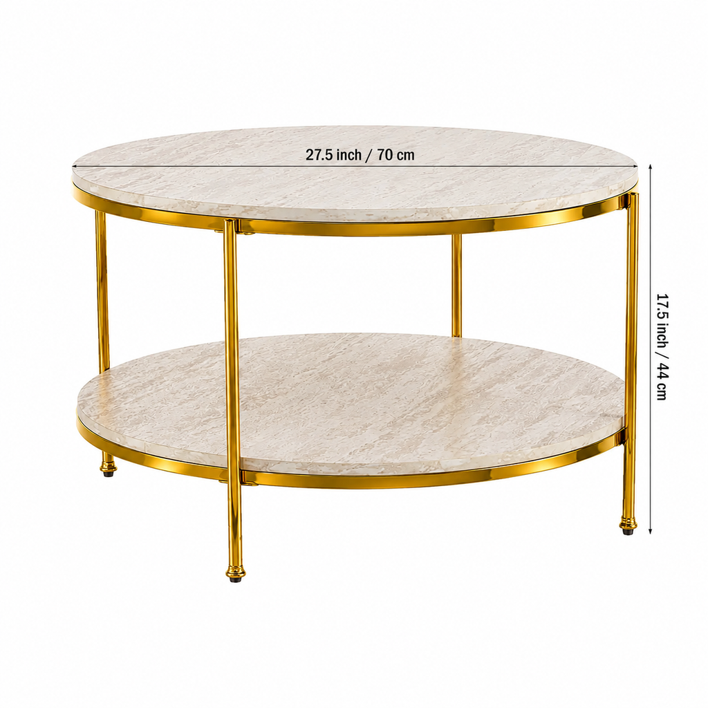 Premium Stainless Steel PVD Center Table with Double-Layer Marble Tops and Golden Frame