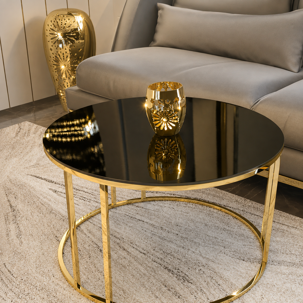 Modern Gold Stainless Steel PVD Coffee Table with Round Black Marble Top for Living Room