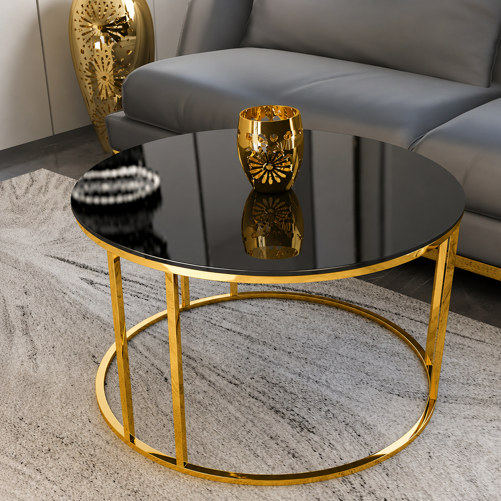 Modern Gold Stainless Steel PVD Coffee Table with Round Black Marble Top for Living Room