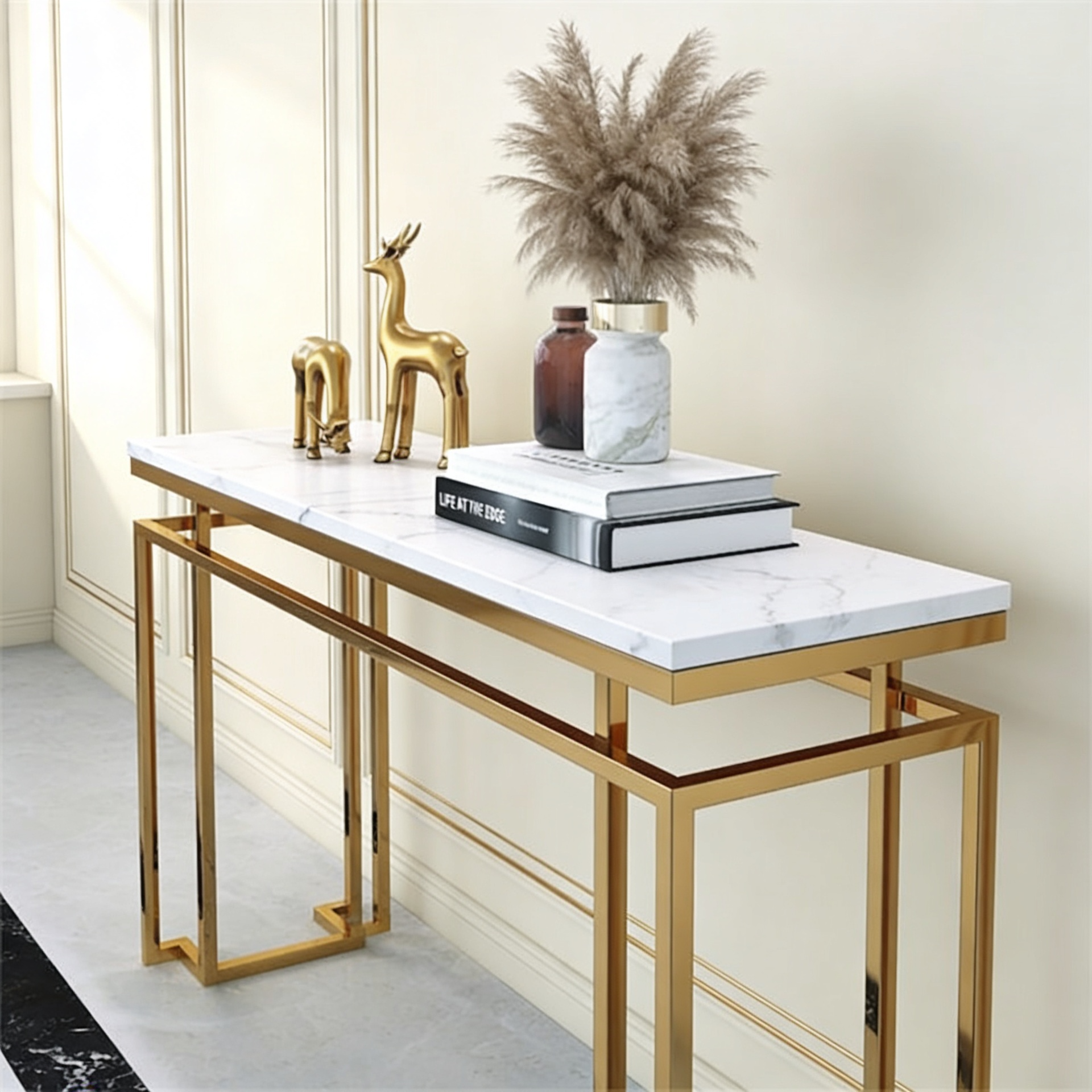 Modern Luxury Black Marble Console Table with Metal Finish
