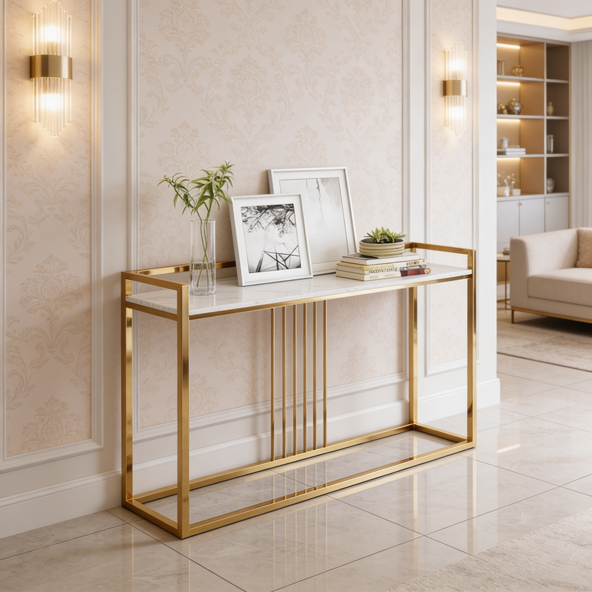 Modern Style Console Table In Sleek Golden Rods Design