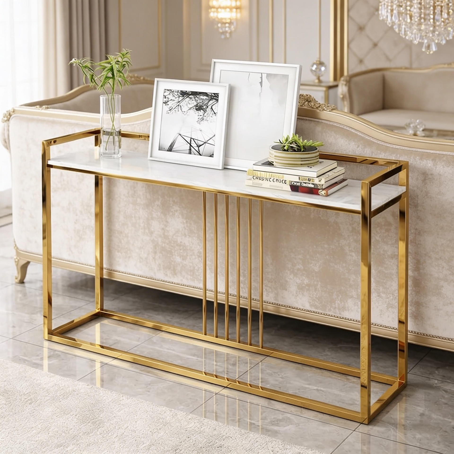 Modern Style Console Table In Sleek Golden Rods Design