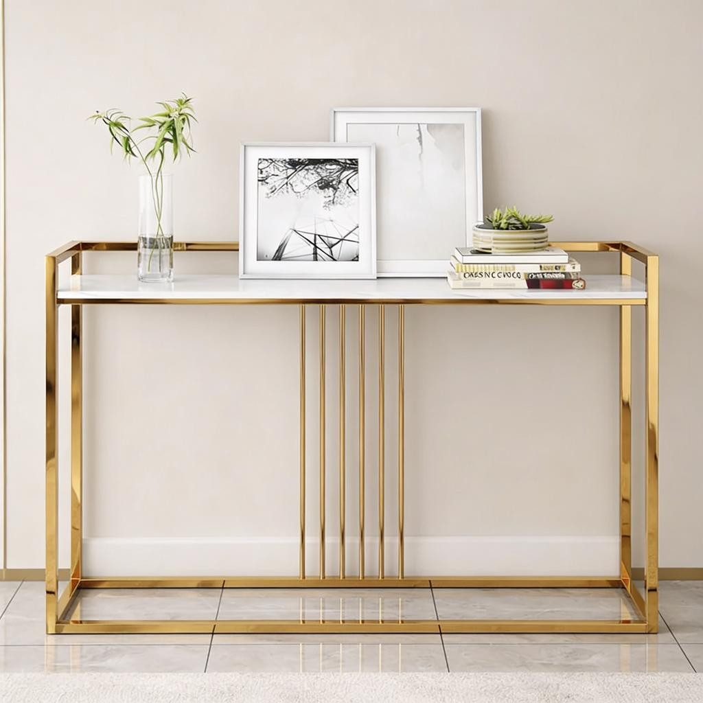 Modern Style Console Table In Sleek Golden Rods Design
