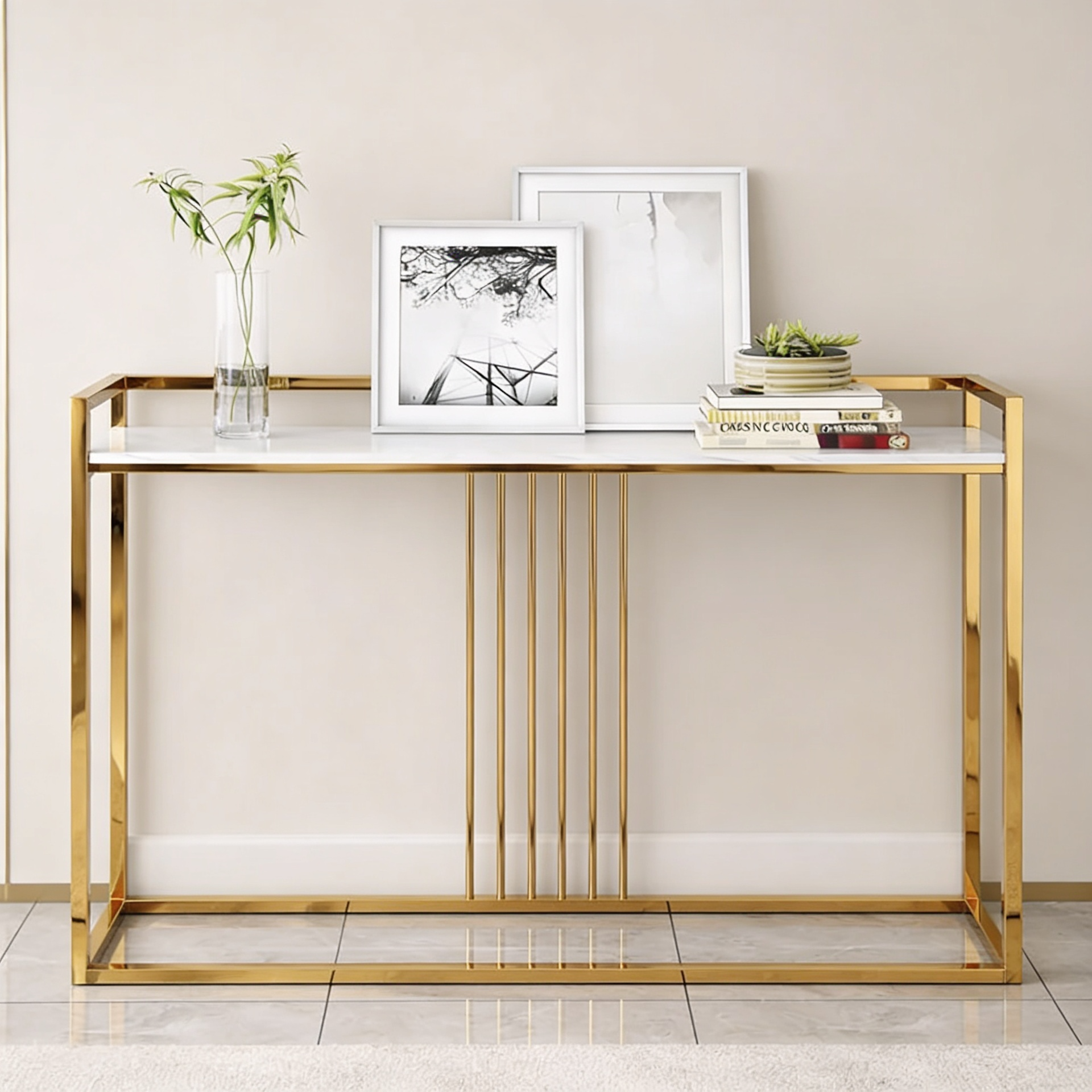 Modern Style Console Table In Sleek Golden Rods Design