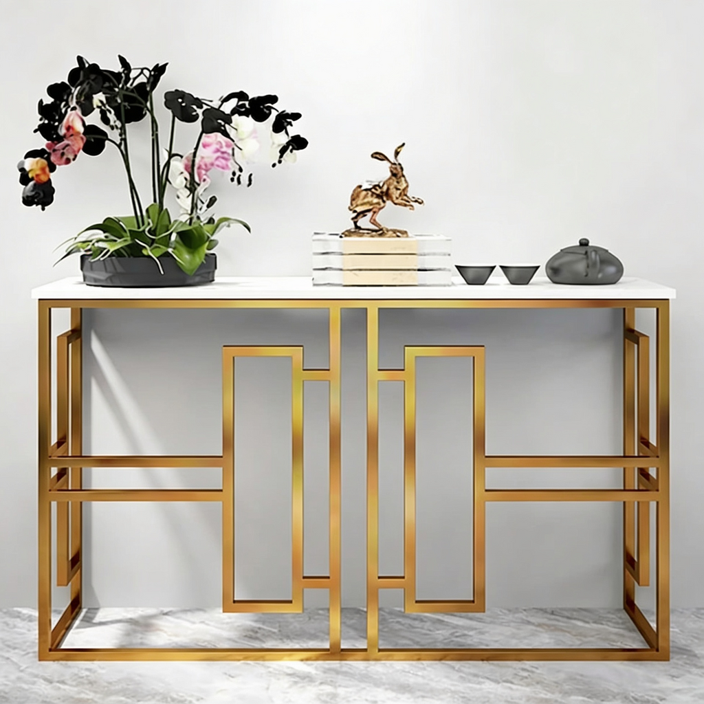 Classic Console Table with White Marble in Golden Metal Finish