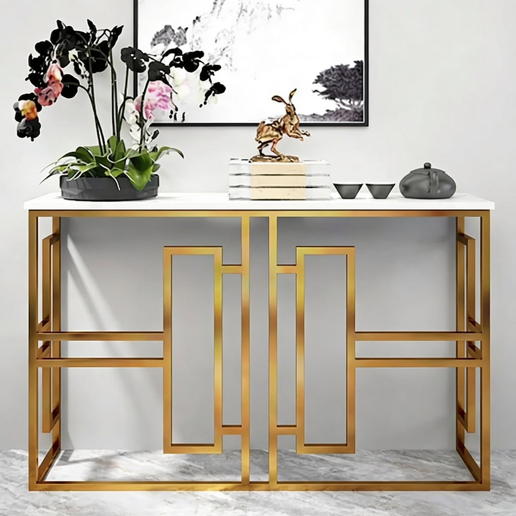 Classic Console Table with White Marble in Golden Metal Finish