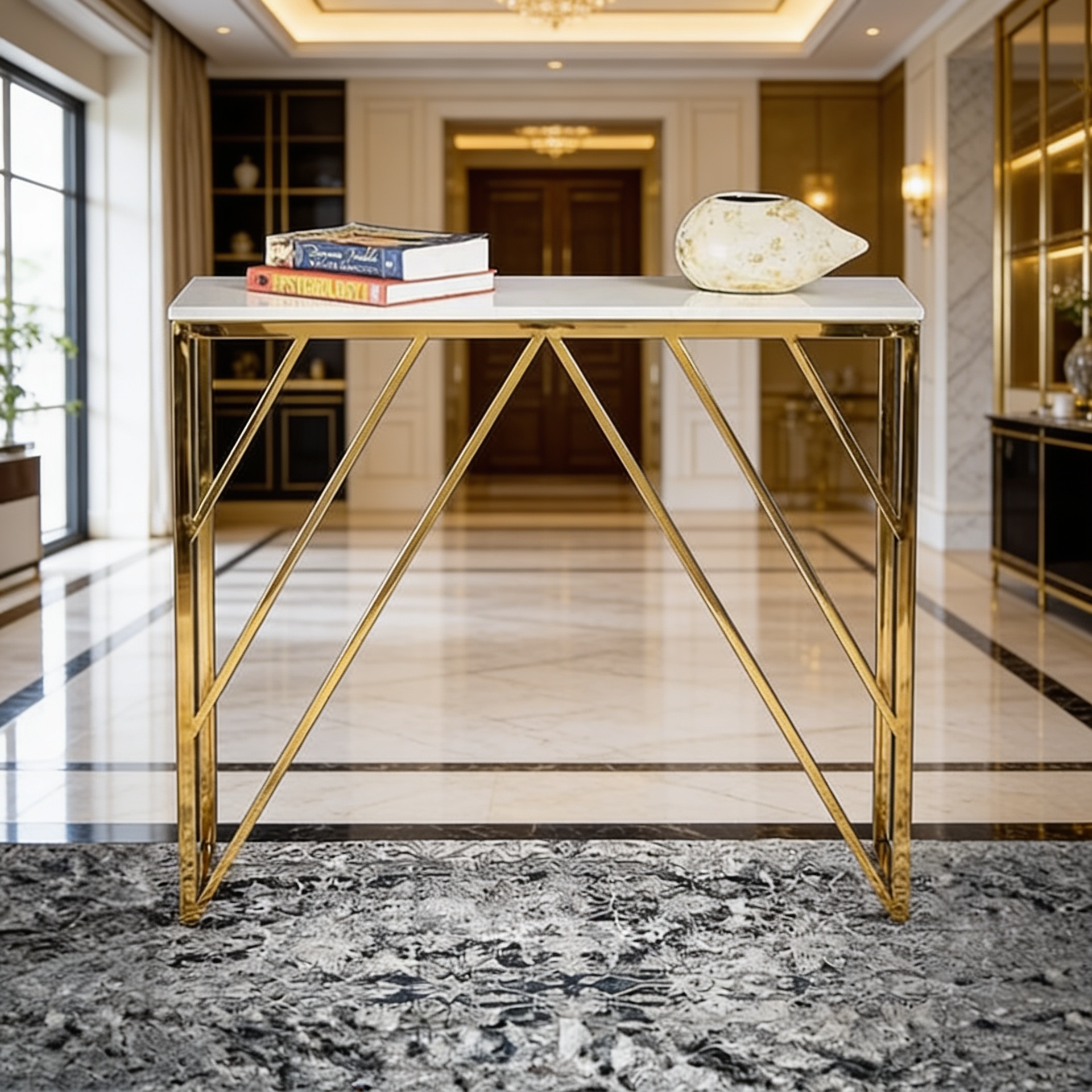 Classic Design Console Table White Rectangular Shape with Copper Metal Finish