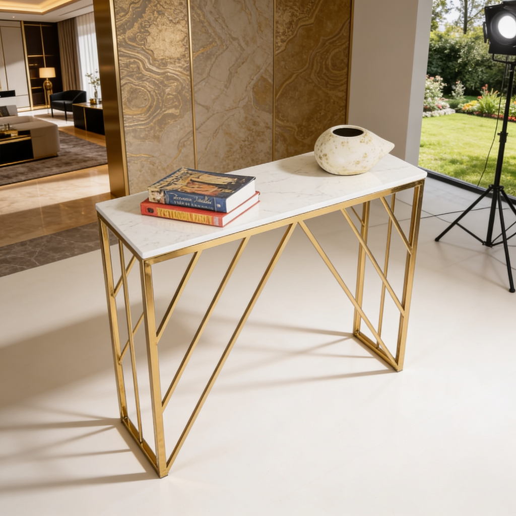 Classic Design Console Table White Rectangular Shape with Copper Metal Finish