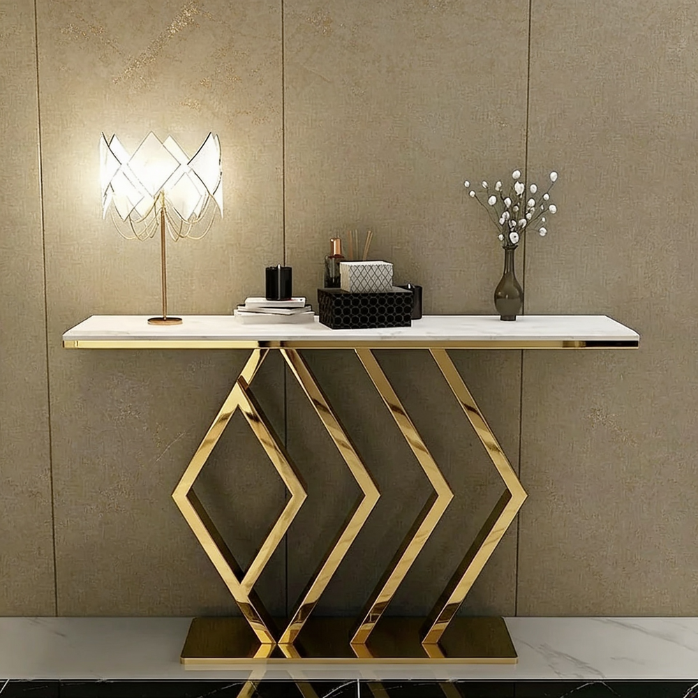 Designer Gold Stainless Steel PVD Console Table with Artistic Diamond Frame and White Marble Top