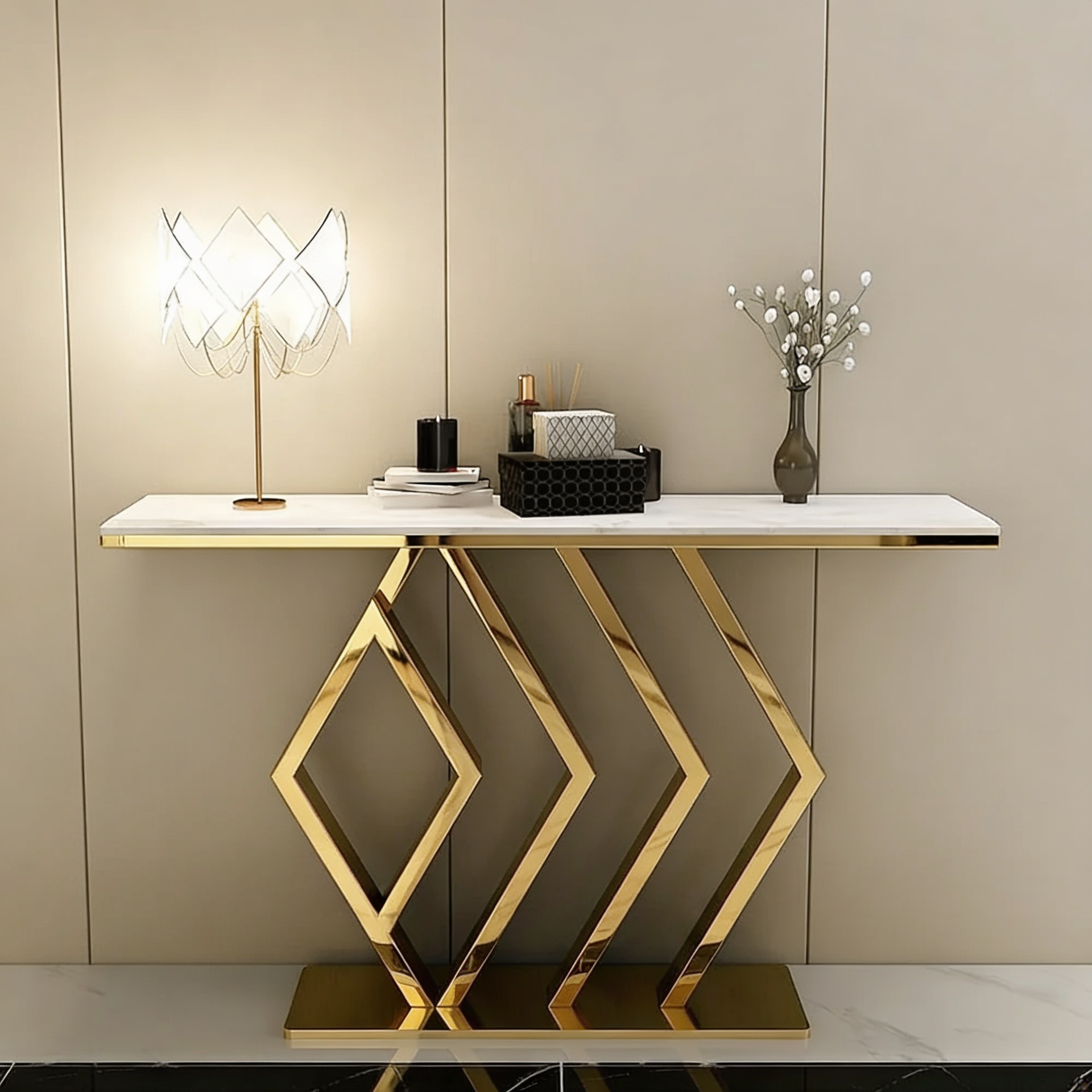 Classic Design Golden Console Table in Geometric Pattern