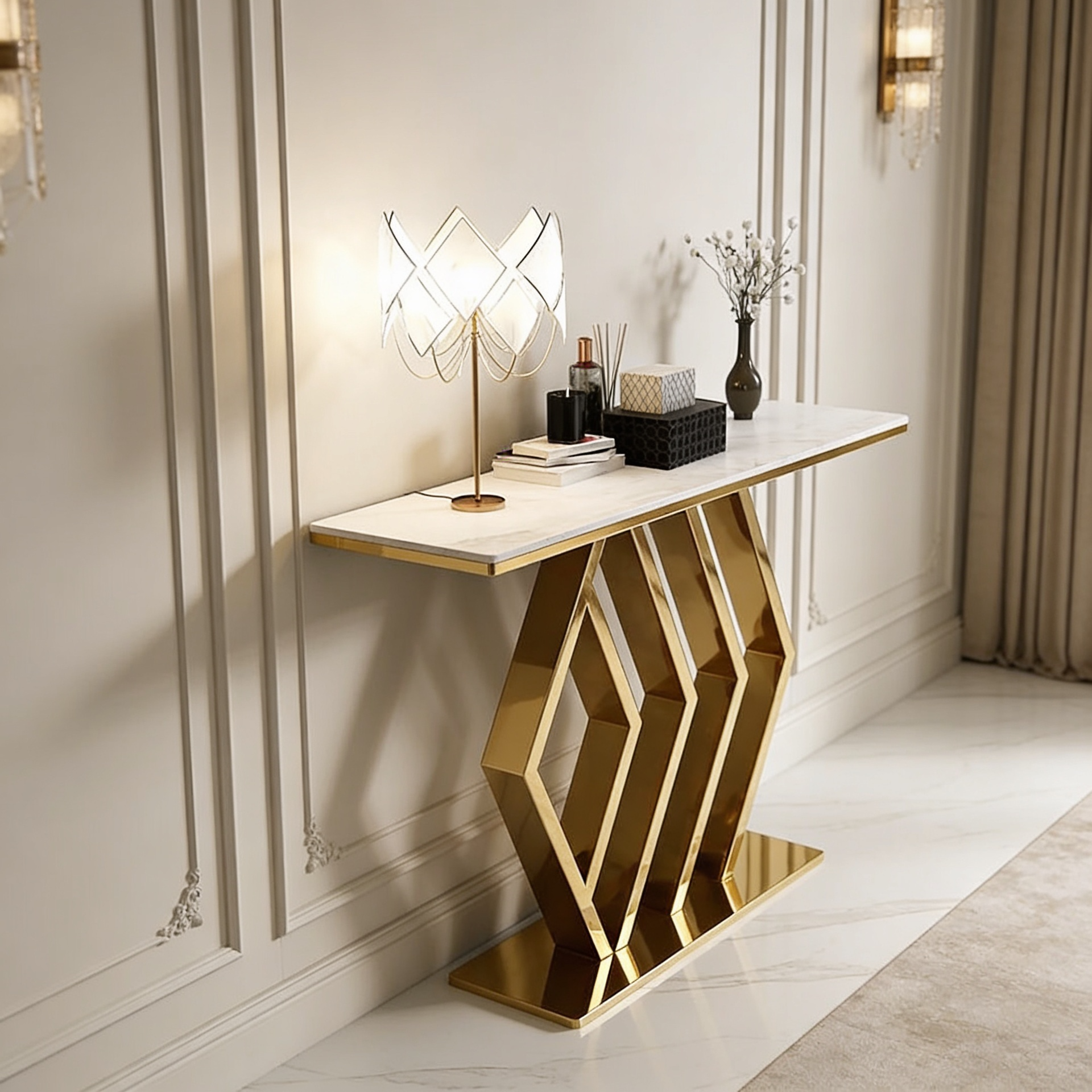 Classic Design Golden Console Table in Geometric Pattern