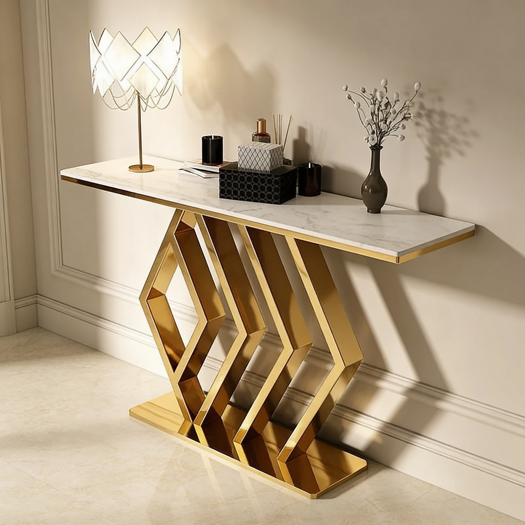 Classic Design Golden Console Table in Geometric Pattern