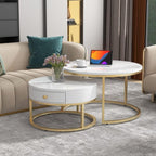 Luxury Round Nested Coffee Table Featuring Marble Look Tops and Gold Metal Base