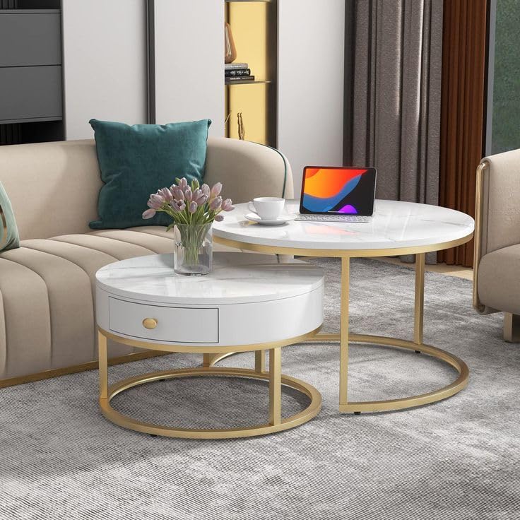 Luxury Round Nested Coffee Table Featuring Marble Look Tops and Gold Metal Base