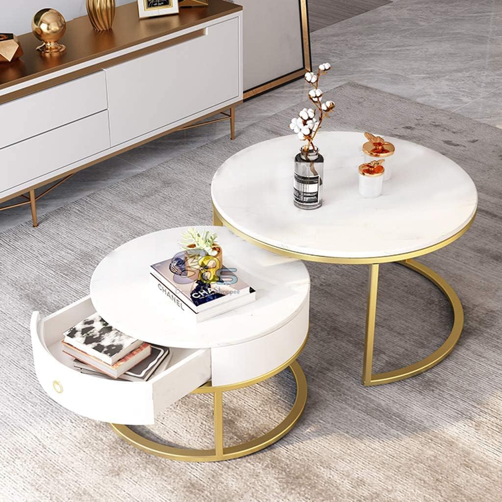 Luxury Round Nested Coffee Table Featuring Marble Look Tops and Gold Metal Base