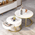 Luxury Round Nested Coffee Table Featuring Marble Look Tops and Gold Metal Base