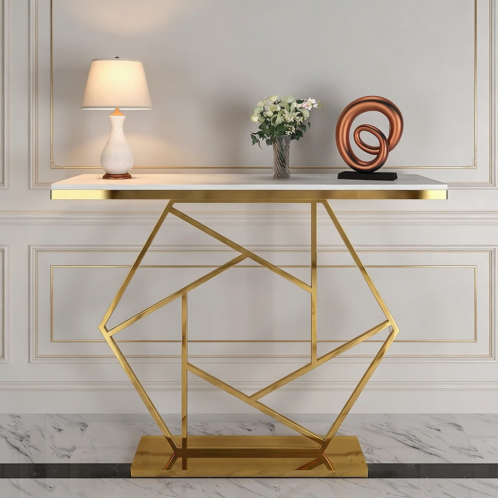 Contemporary Copper Finish Console Table In Hexagonal Design