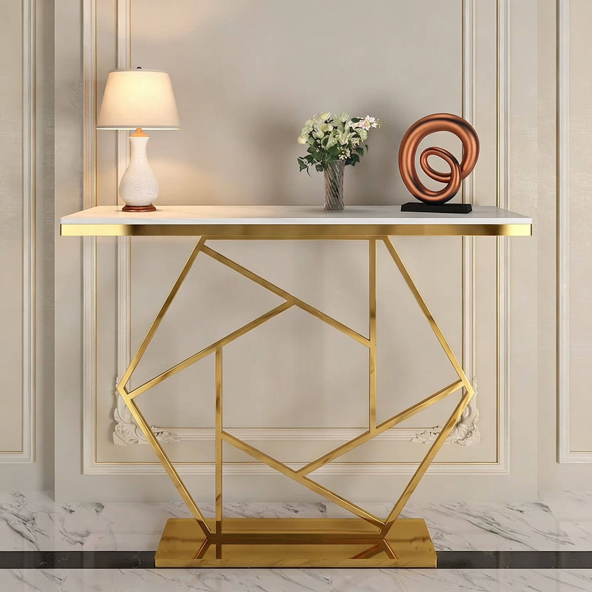 Contemporary Copper Finish Console Table In Hexagonal Design