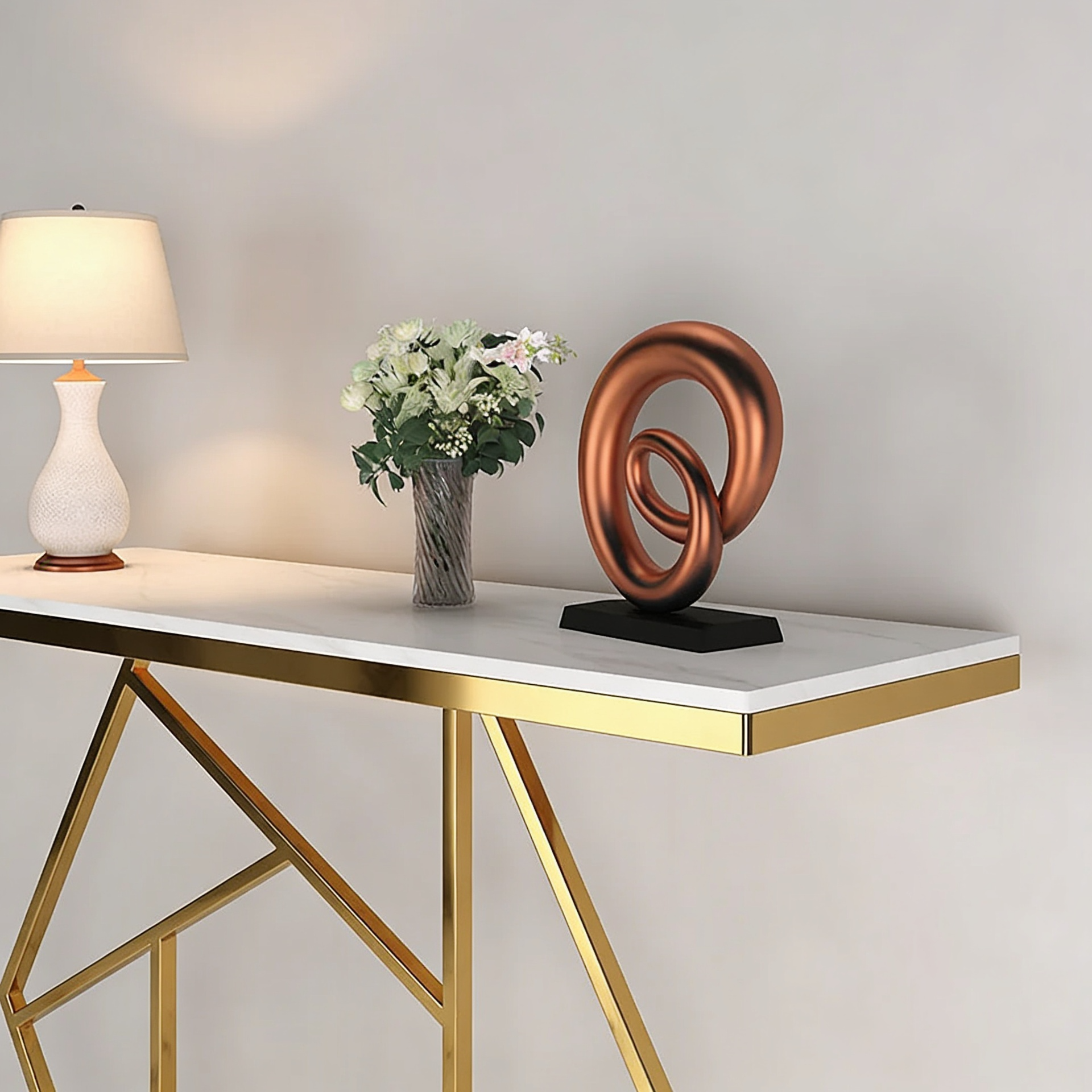 Contemporary Copper Finish Console Table In Hexagonal Design