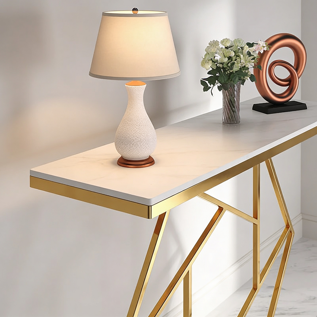 Contemporary Copper Finish Console Table In Hexagonal Design