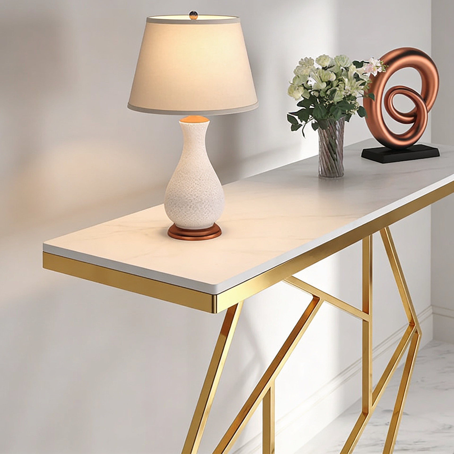 Contemporary Copper Finish Console Table In Hexagonal Design