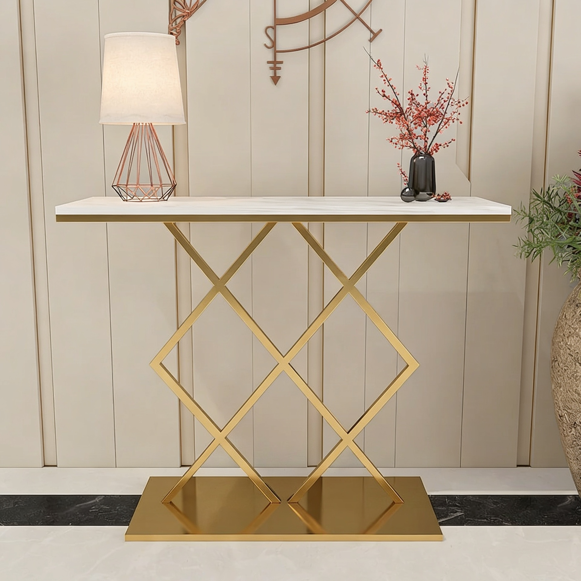 Copper Finish Console Table In Geometric Criss Cross Pattern