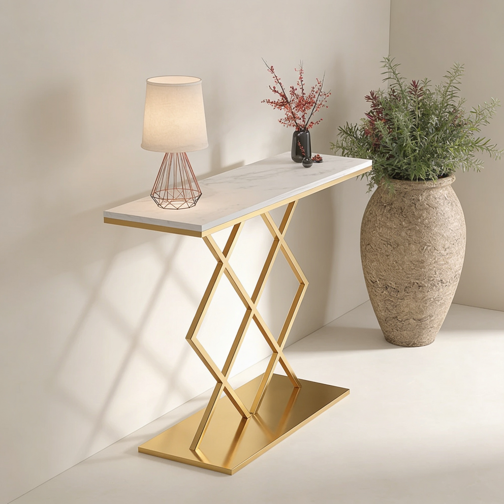 Copper Finish Console Table In Geometric Criss Cross Pattern