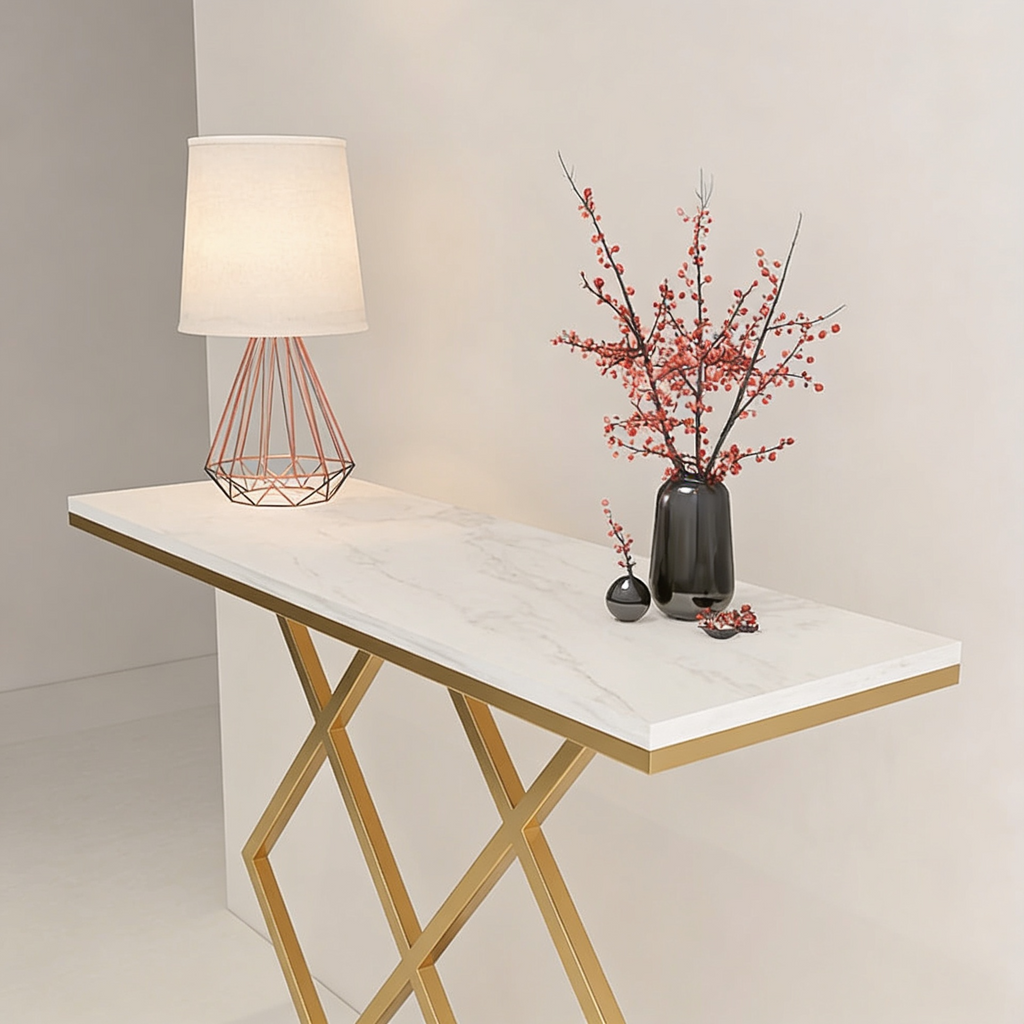 Copper Finish Console Table In Geometric Criss Cross Pattern