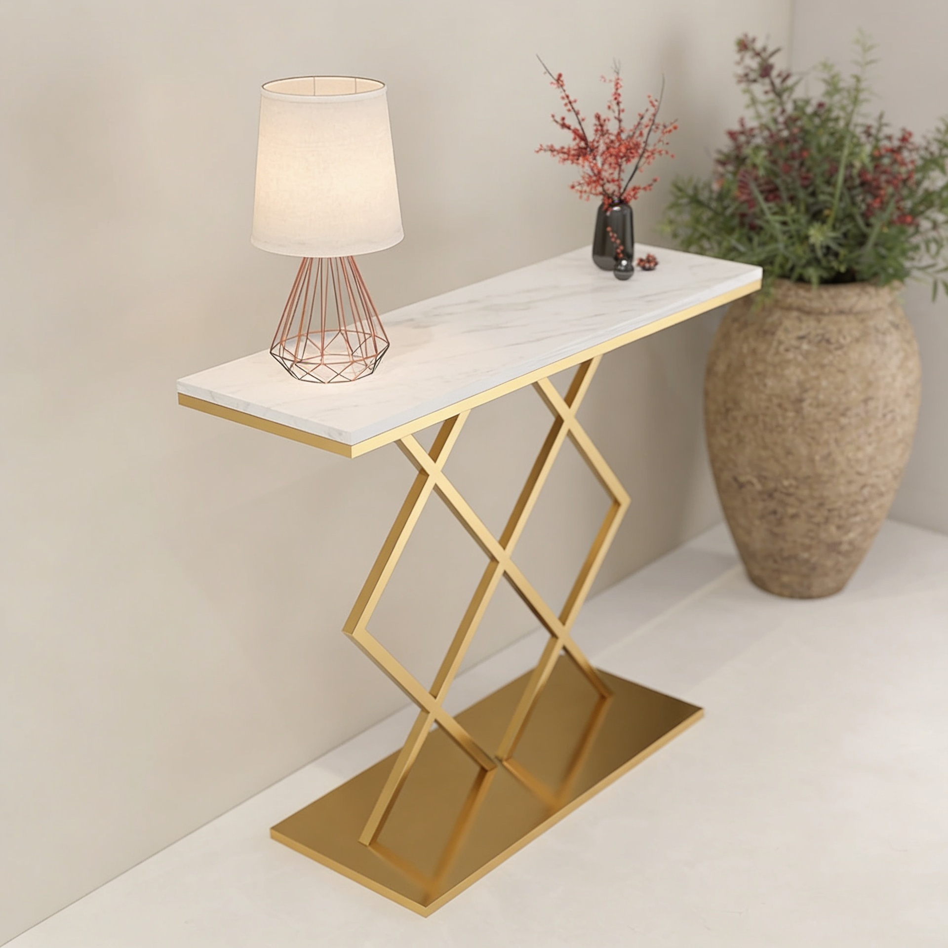 Copper Finish Console Table In Geometric Criss Cross Pattern