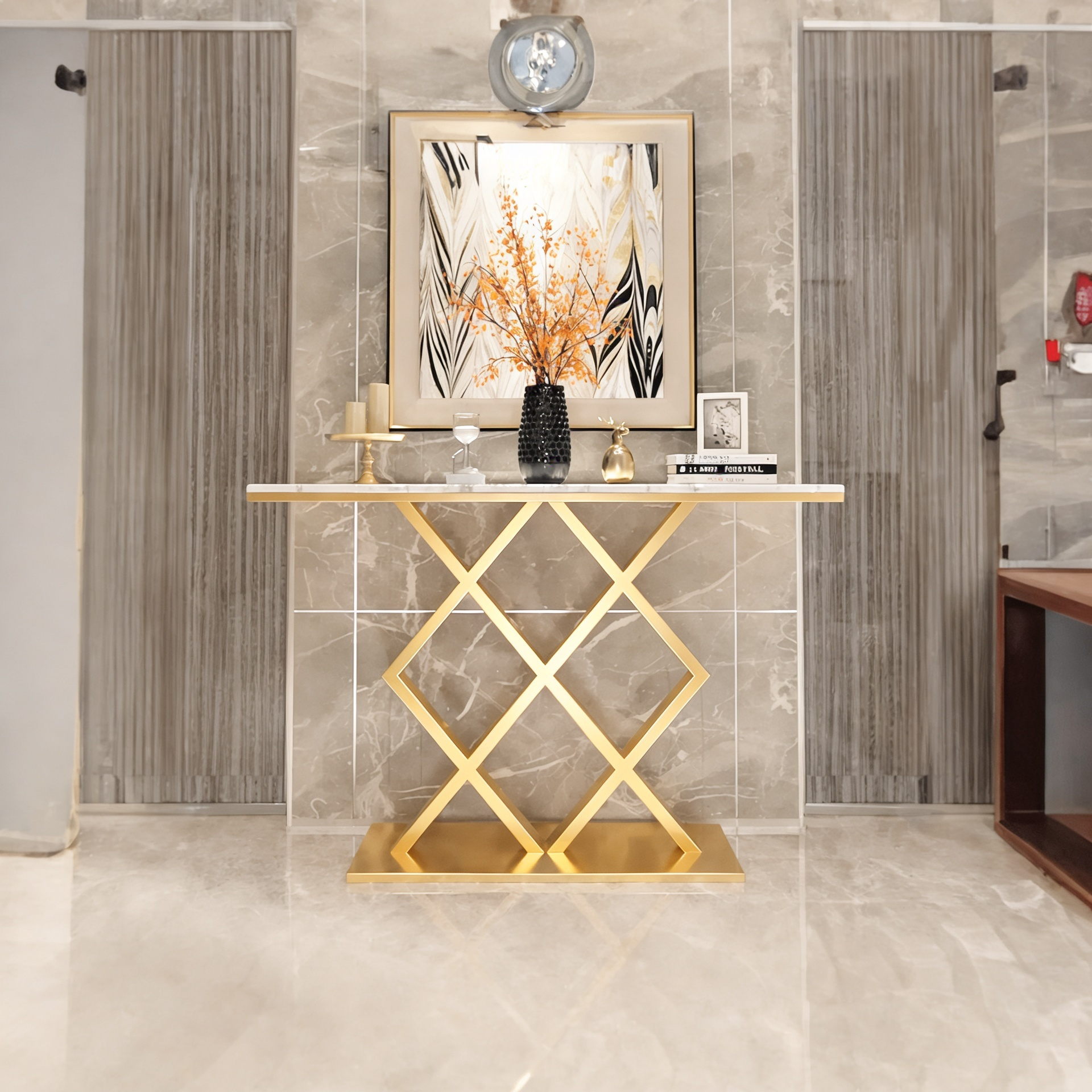 Geometric Criss Cross Pattern Contemporary Console Table