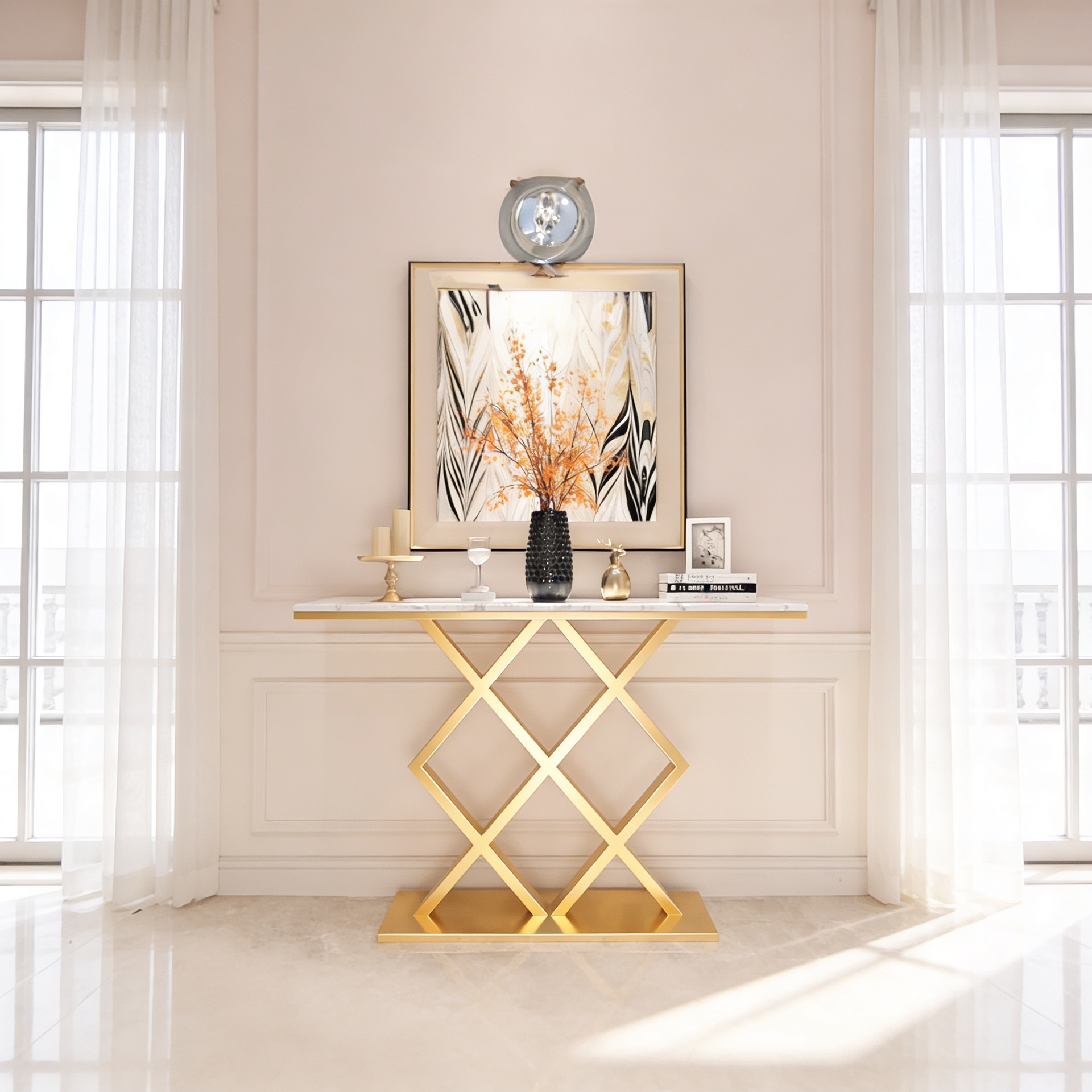 Geometric Criss Cross Pattern Contemporary Console Table