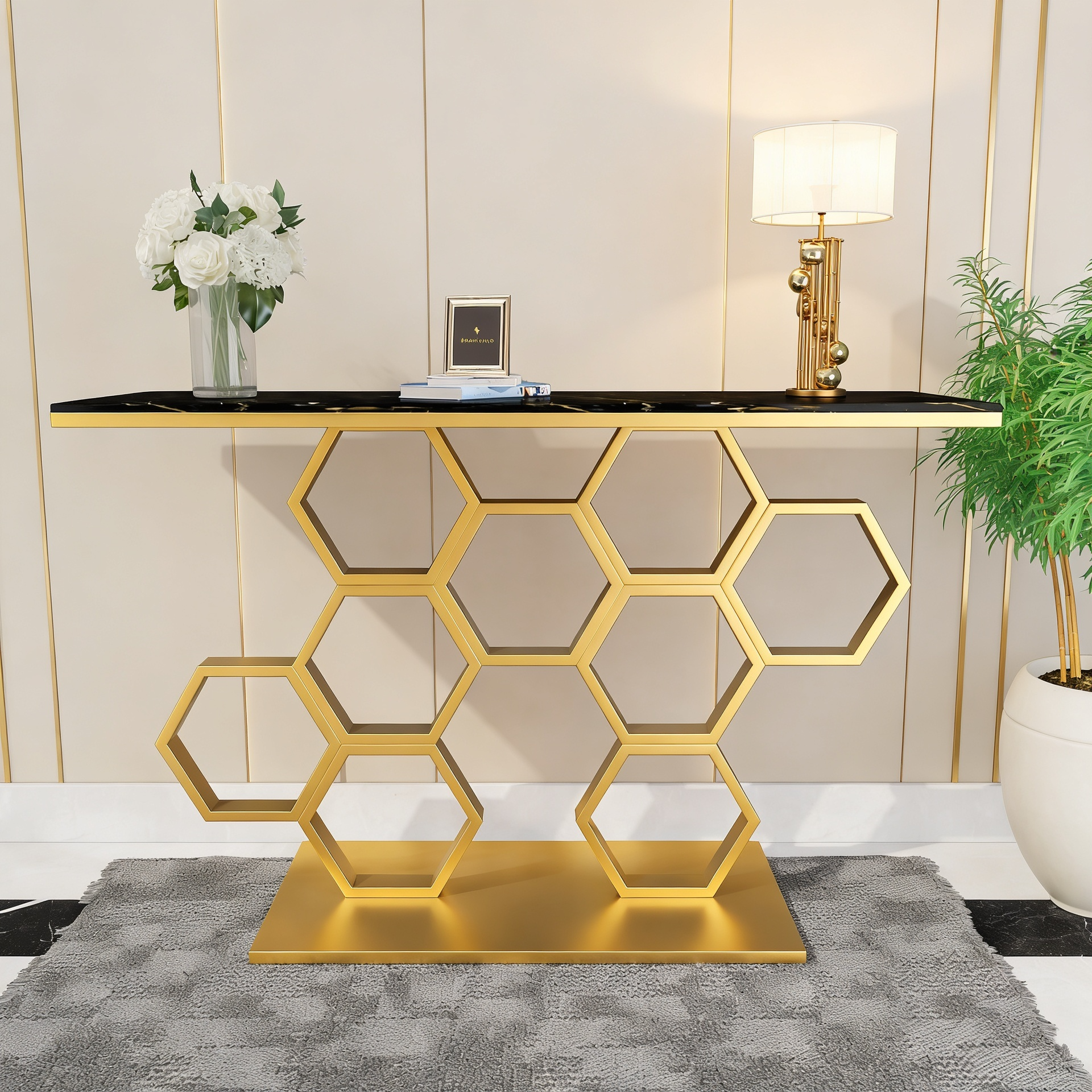 Honeycomb Motif Copper Finish Metal Console Table