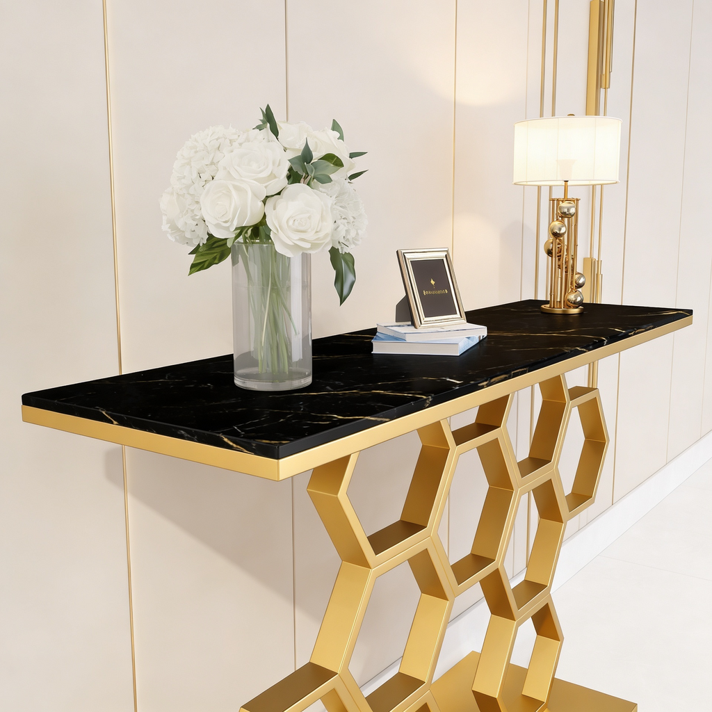 Honeycomb Motif Copper Finish Metal Console Table