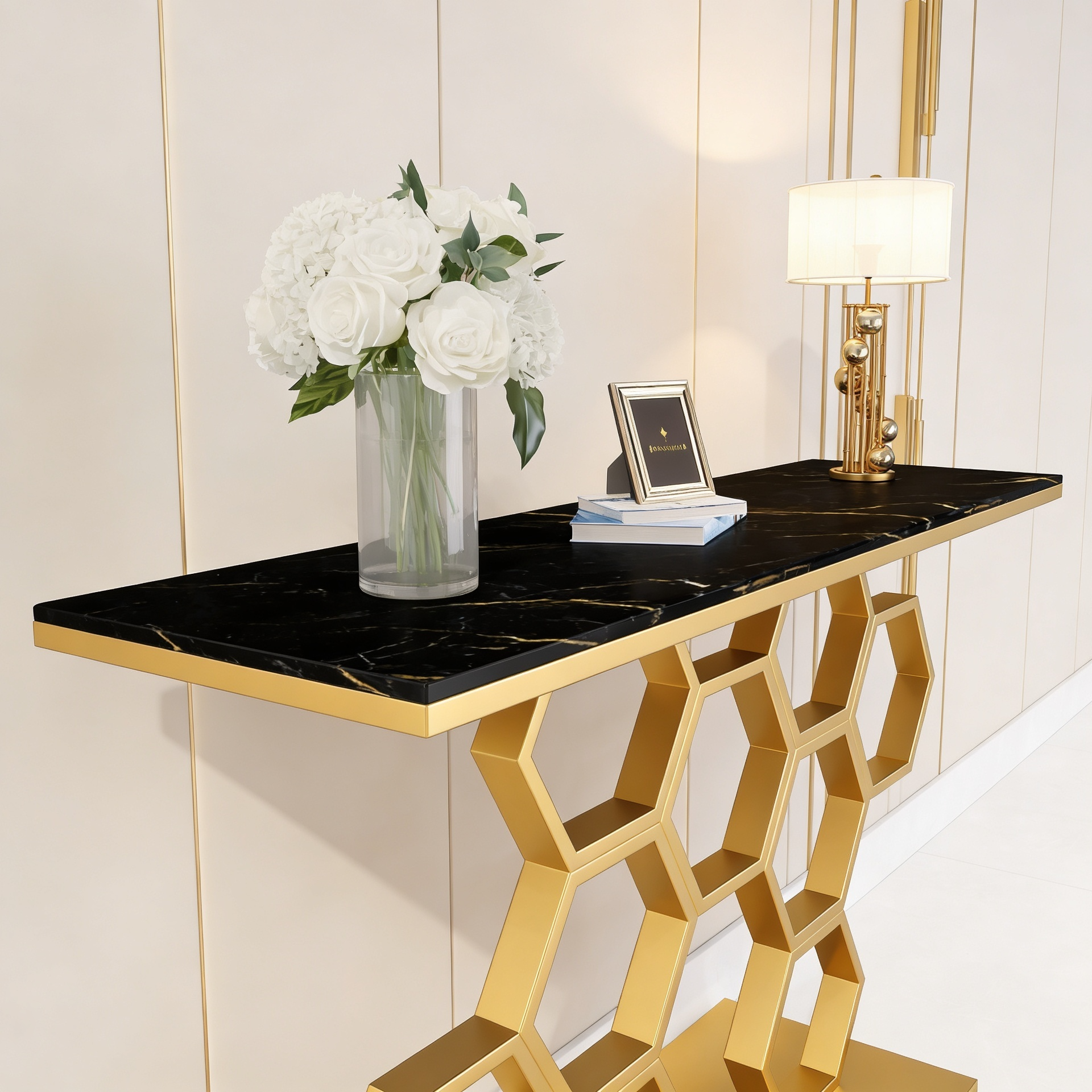 Honeycomb Motif Copper Finish Metal Console Table