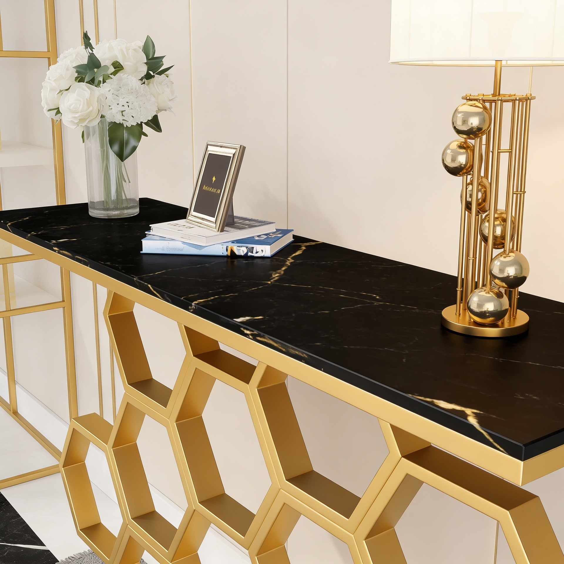 Honeycomb Motif Copper Finish Metal Console Table