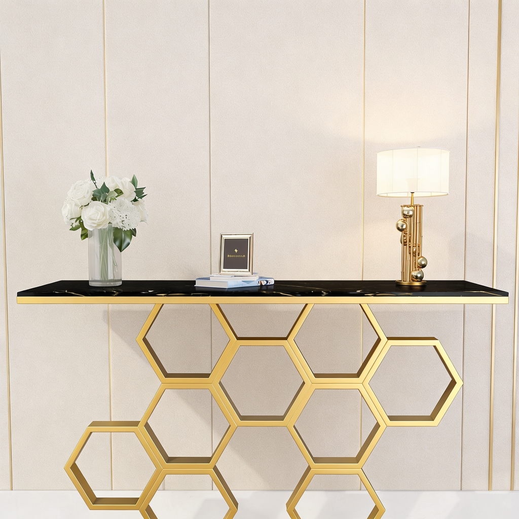 Honeycomb Motif Copper Finish Metal Console Table