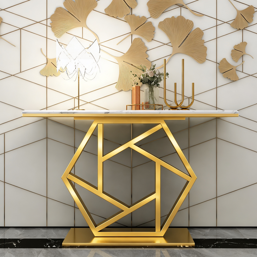 Premium Stainless Steel PVD Console Table with White Marble and Gold Mirror-Finish Geometric Designer Frame