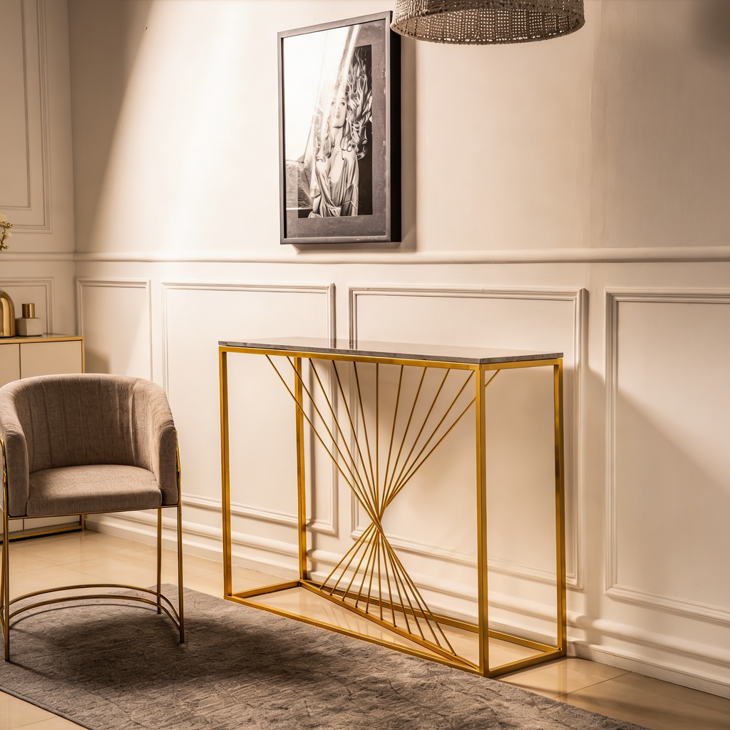 Luxury Marble Wall Console Table In Sleek Golden Rods Design