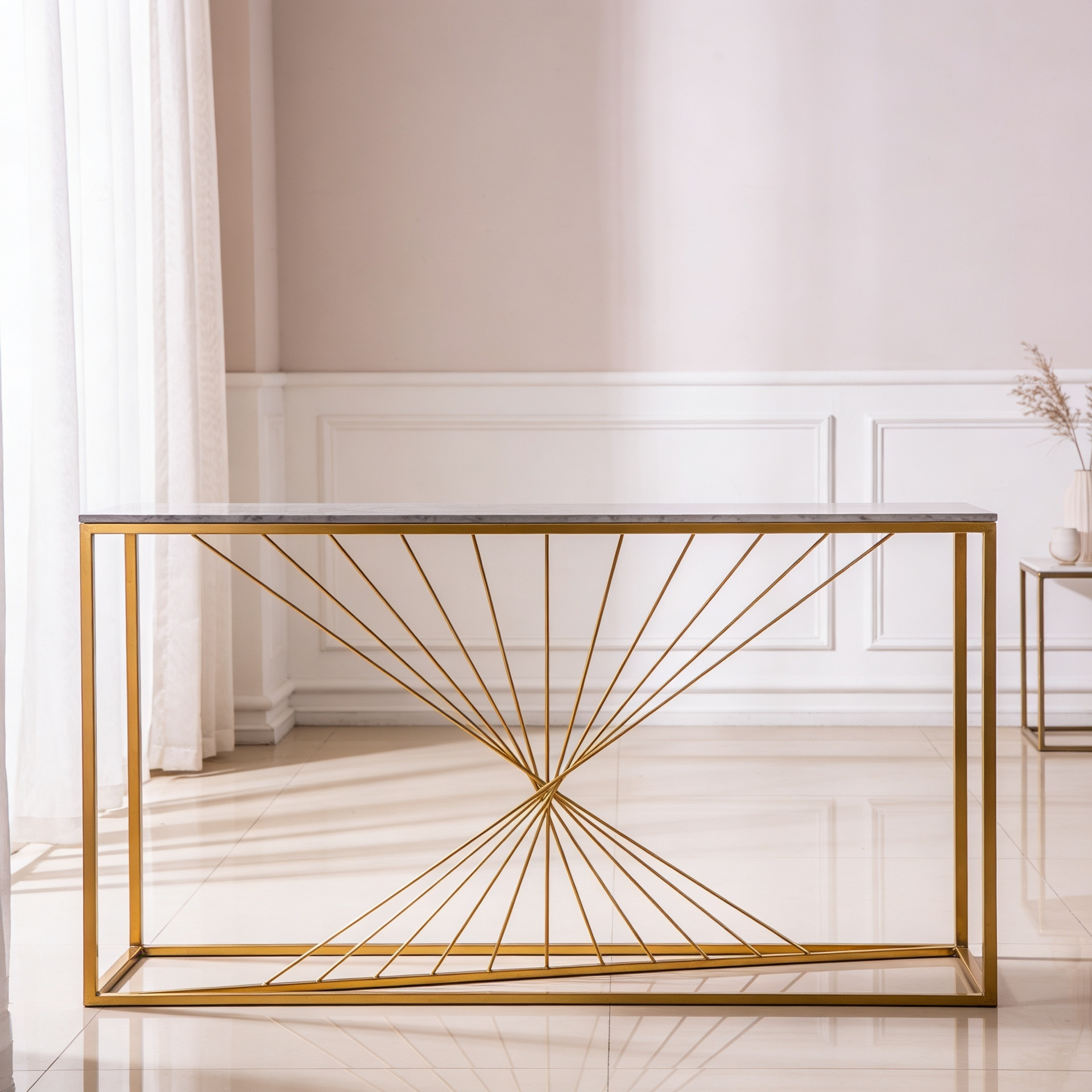 Luxury Marble Wall Console Table In Sleek Golden Rods Design