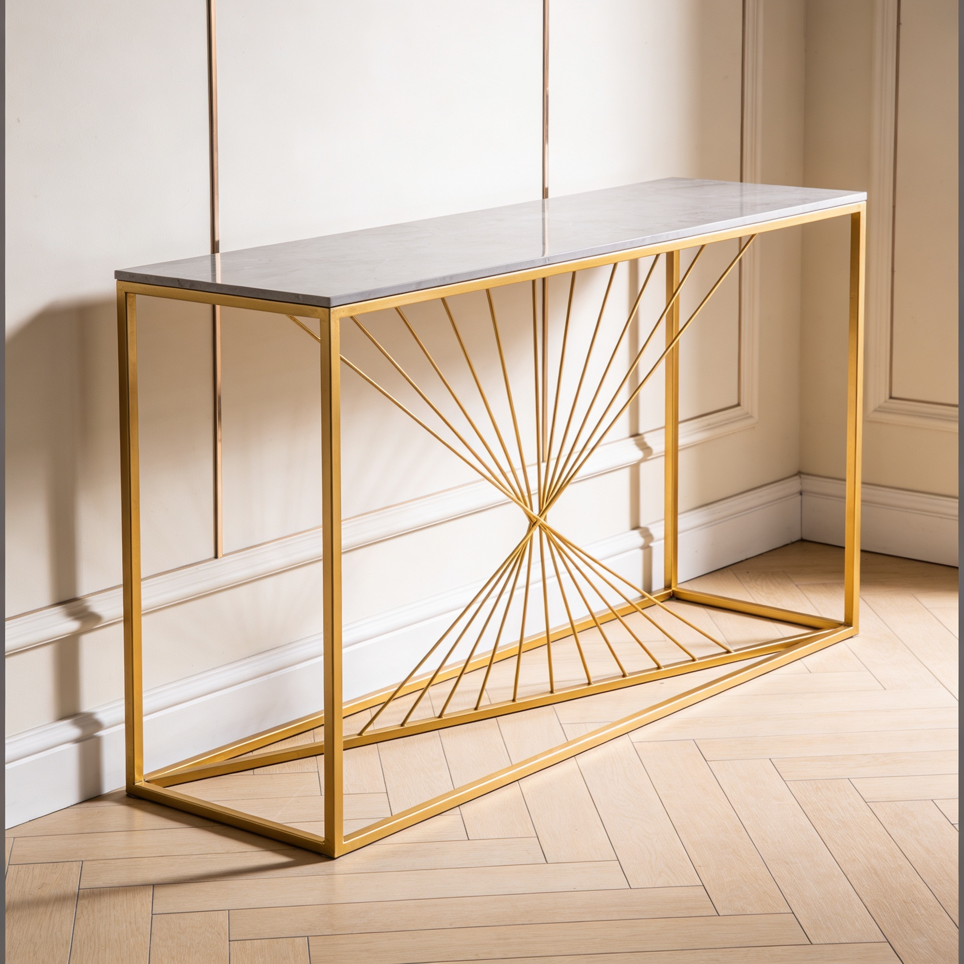 Luxury Marble Wall Console Table In Sleek Golden Rods Design
