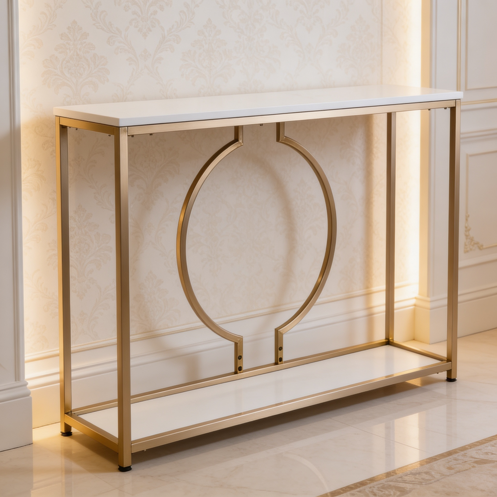 Metallic Ring Console Table with White Marble Table Top