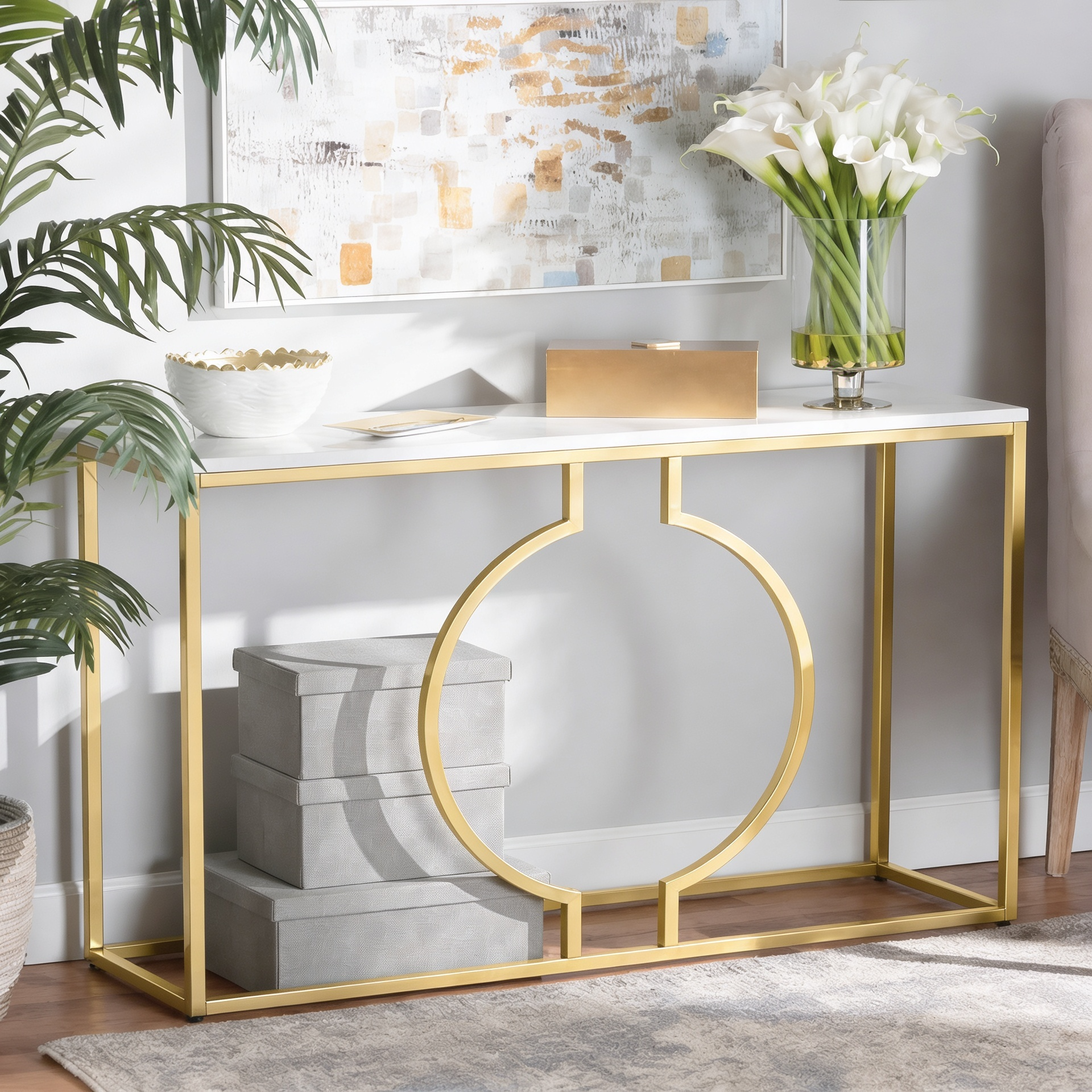 Metallic Ring Console Table with White Marble Table Top