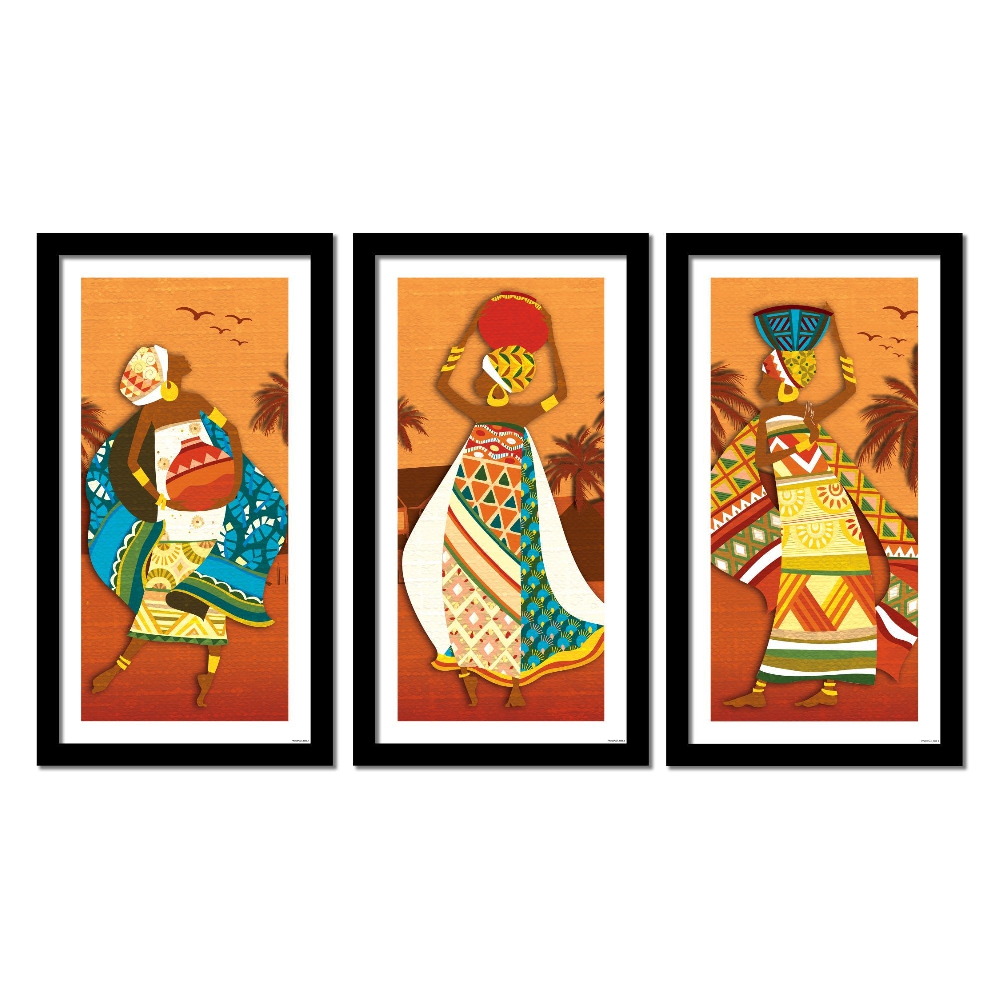African Women Dancing 3 Pieces Premium Wall Frame Painting