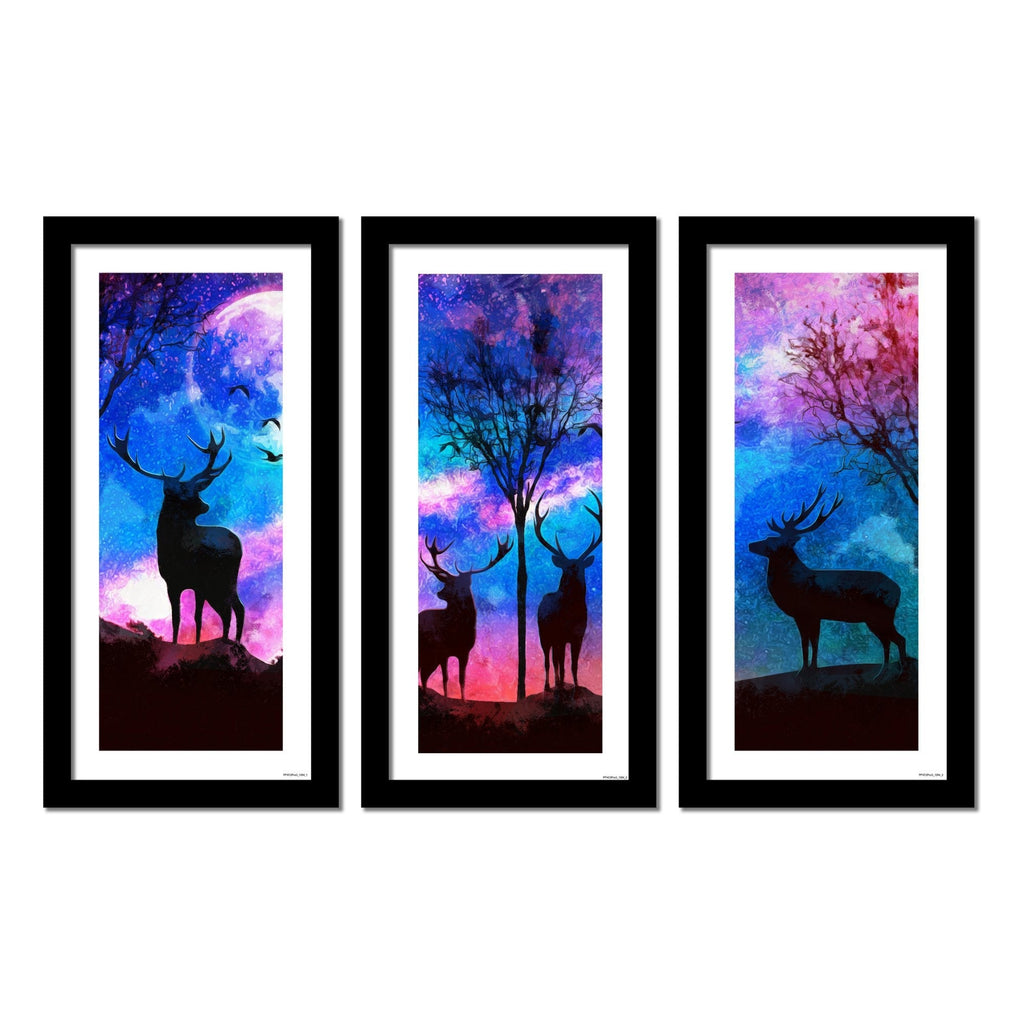 Deer in Forest with Beautiful Night Sky Premium Frame Wall Paintings Set of 3