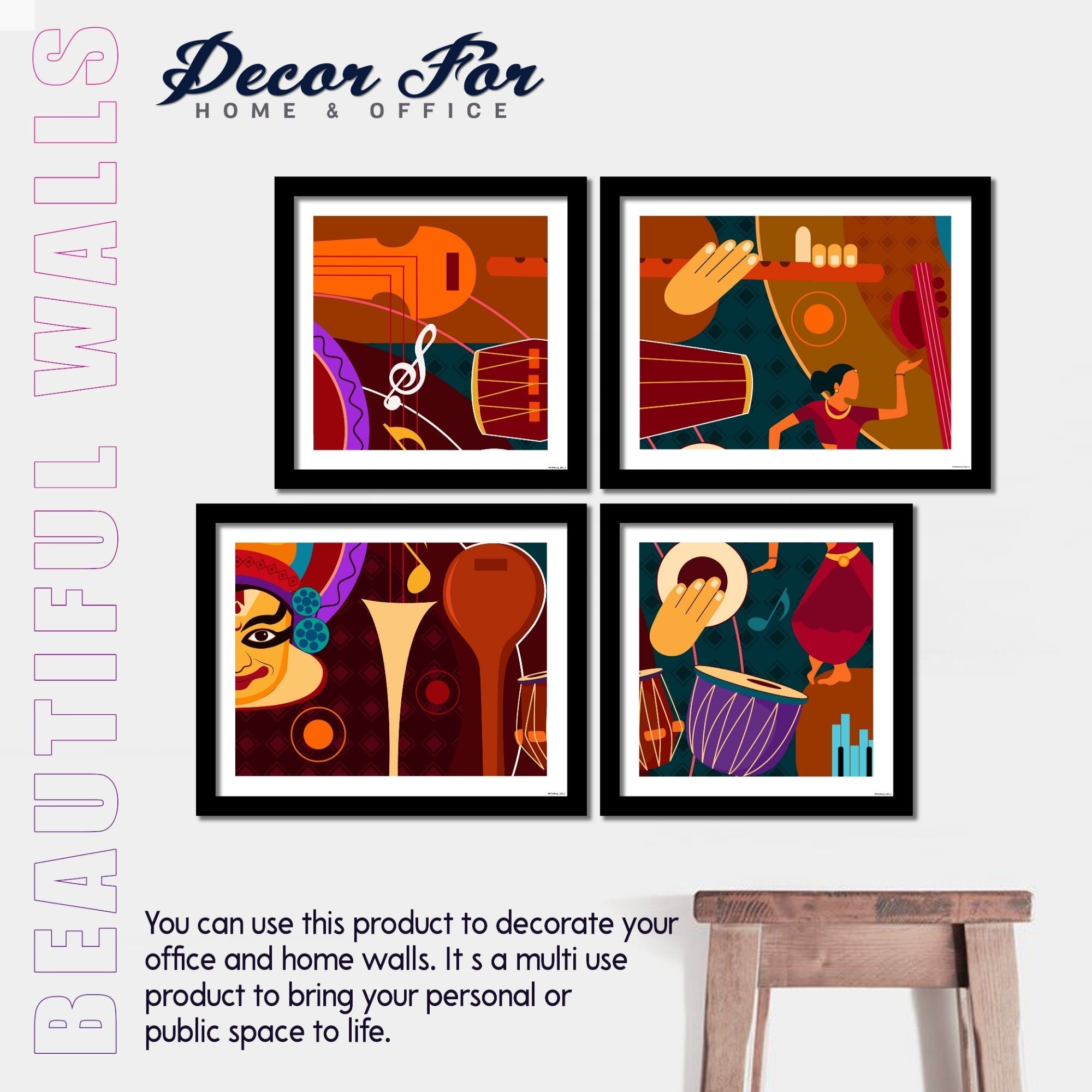 Set of 4 Wall Frame Painting of Dance & Music Instruments